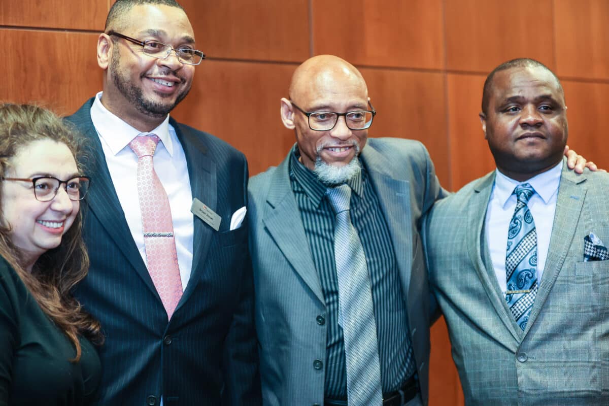 From left: reentry advocate Anna Kohn, CMD staffer Bryan Jones and former juvenile lifers Edward Sanders, James Thoas, and Damion Todd. Thomas and Todd are among the four subjects of Fallen Petals. | Photo: Jeff Dunn