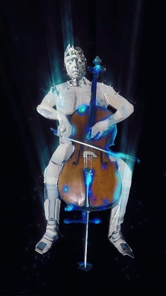 The holographic cellist in Automation: Concerto for Human and AI Cellists, performing a part composed by a machine learning algorithm