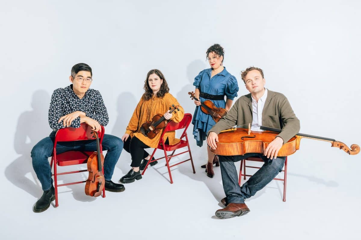 The Aizuri Quartet. Left to right: violist Brian Hong, violinists Emma Frucht and Miho Saegusa, and cellist Caleb van der Swaagh.
