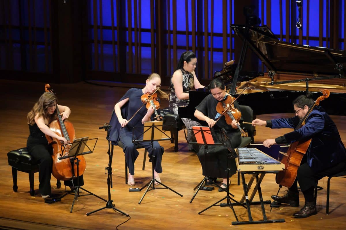 Wiancko performs his work Closed Universe with Alisa Weilerstein (cello), Geneva Lewis (violin), Joyce Yang (piano), and Teng Li (viola) at La Jolla Music Society's 2023 SummerFest. Photo: Ken Jacques