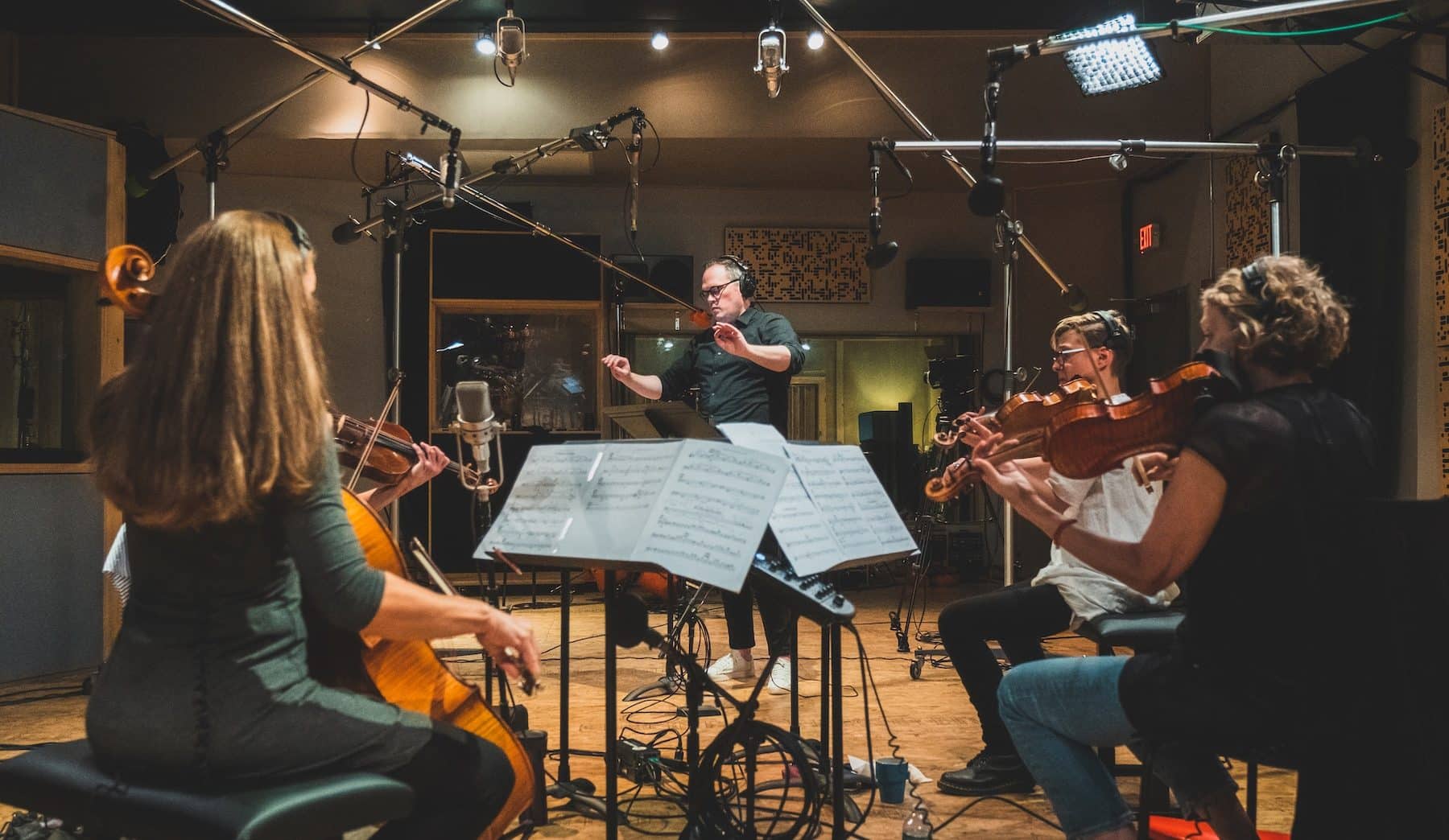 A record session for Synthesis: The String Quartet Project, with Ryan Truesdell Conducting; photo by Leo Mascaro